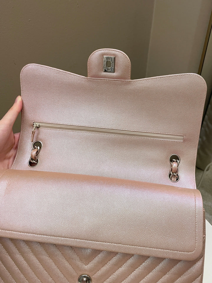 Chanel 17B Chevron Jumbo Double Flap Rose Gold Caviar