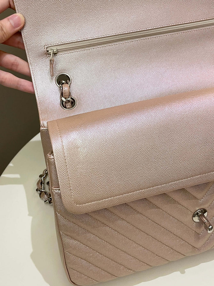 Chanel 17B Chevron Jumbo Double Flap Rose Gold Caviar