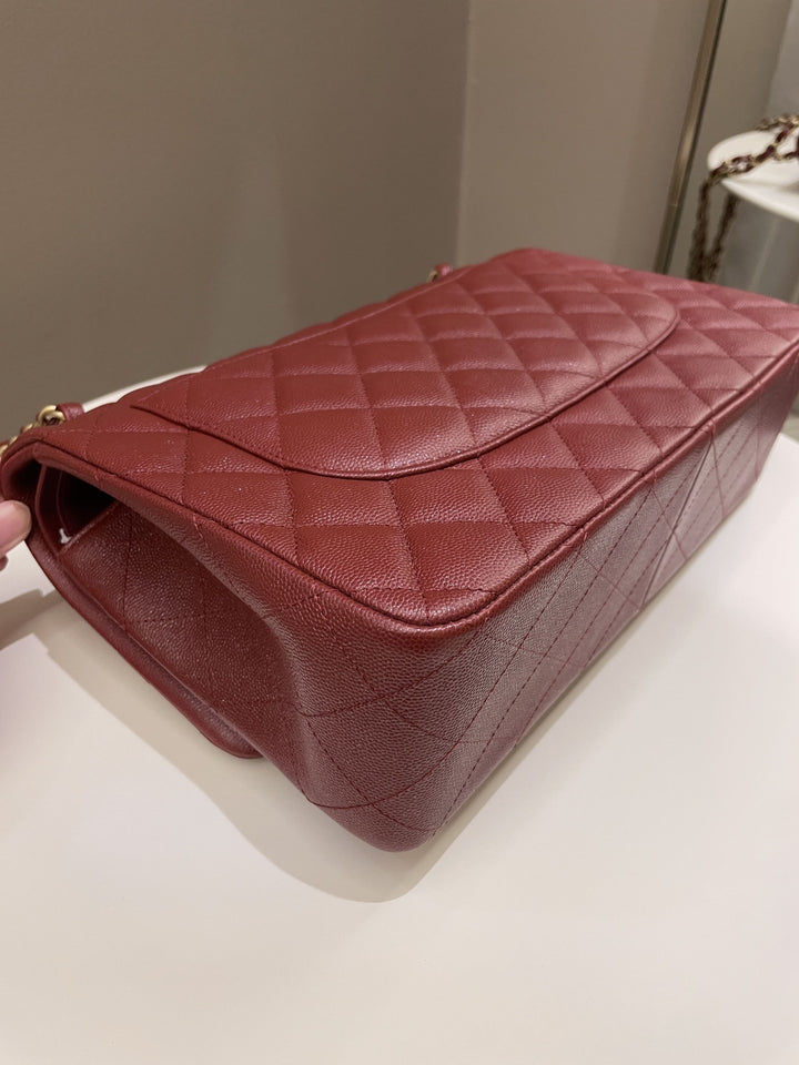 Chanel 18C Classic Quilted Jumbo Double Flap Iridescent Burgundy Caviar Leather