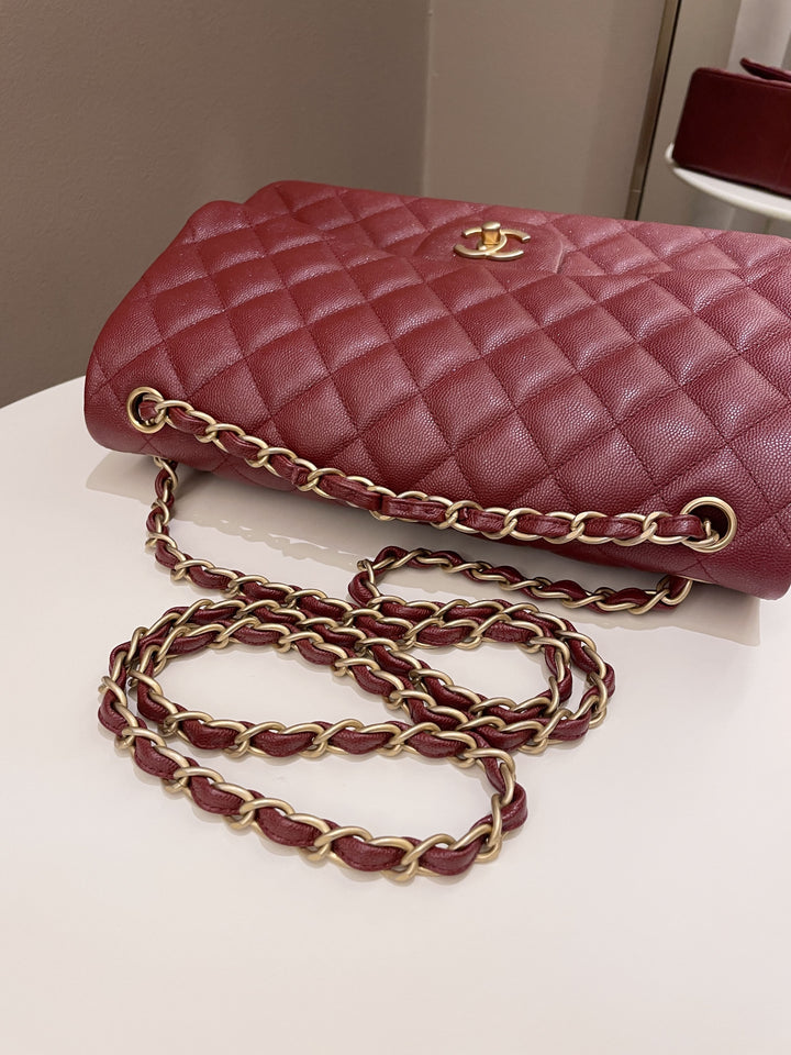 Chanel 18C Classic Quilted Jumbo Double Flap Iridescent Burgundy Caviar Leather