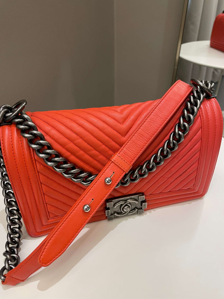 Chanel Herringbone Chevron Boy Old Medium Red Calfskin