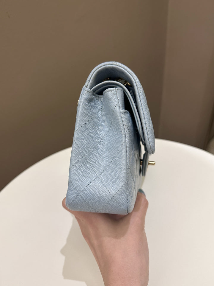 Chanel 22P Classic Quilted Small Double Flap Light Blue Caviar