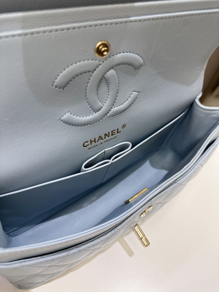 Chanel 22P Classic Quilted Small Double Flap Light Blue Caviar