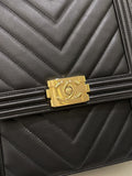 Chanel Chevron North South Boy Black Stiff Lambskin