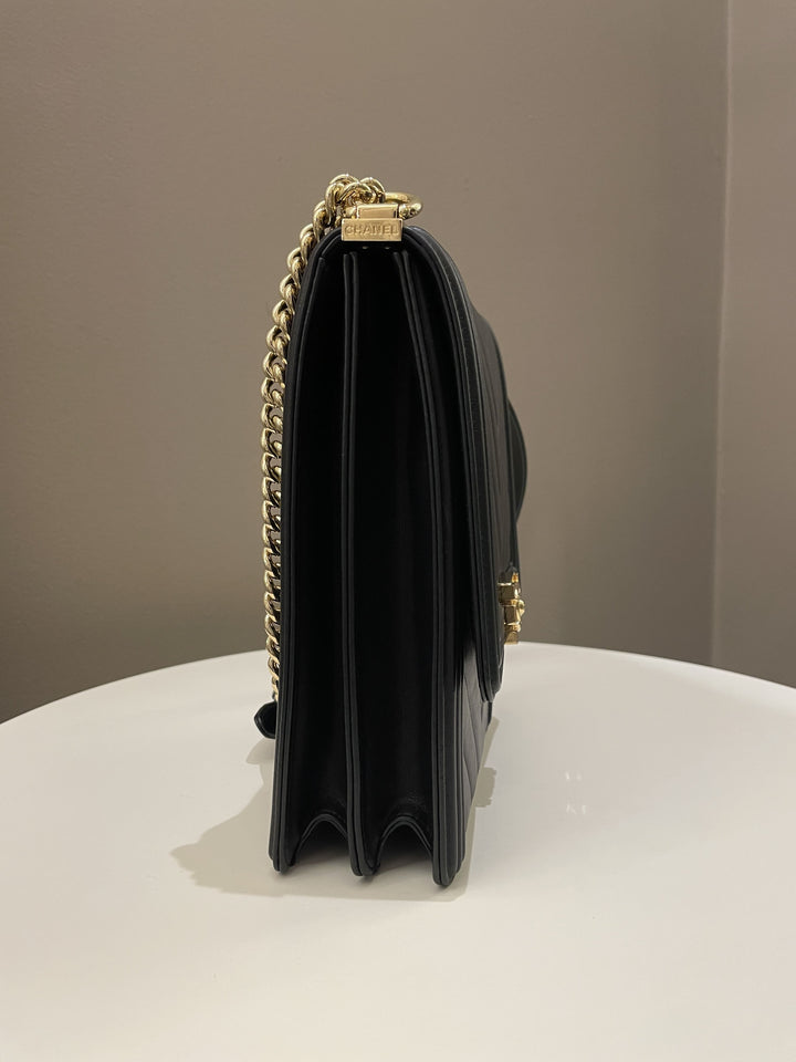 Chanel Chevron North South Boy Black Stiff Lambskin