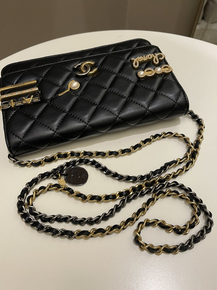 Chanel Coco Pearl Signature Wallet on Chain Black Lambskin