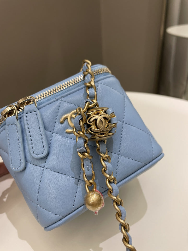 Chanel Quilted Pearl Crush Mini Vanity Cube Blue Lambskin