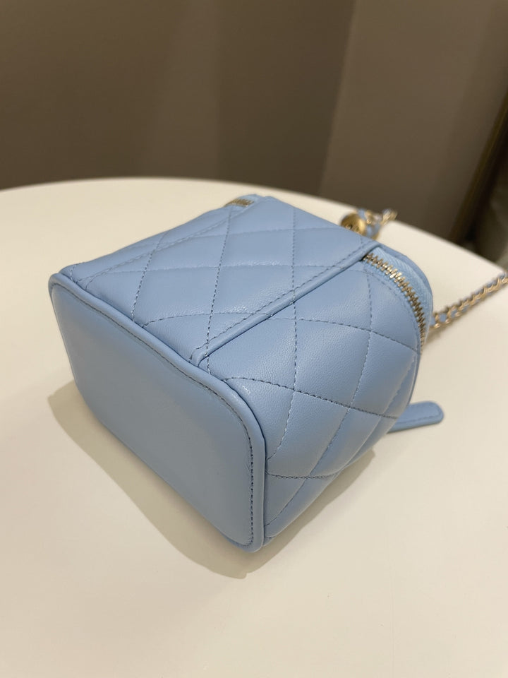 Chanel Quilted Pearl Crush Mini Vanity Cube Blue Lambskin