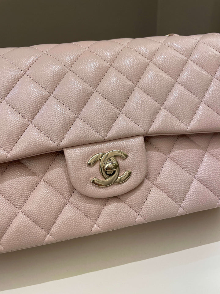 Chanel 21C Classic Quilted Medium Double Flap Rose Claire Beige Caviar