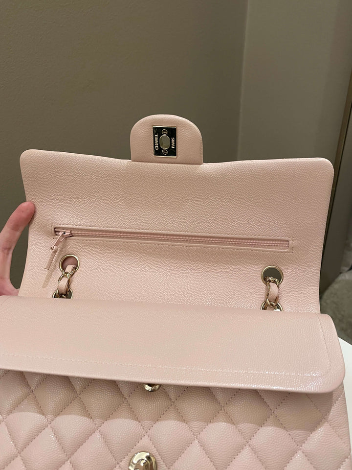Chanel 21C Classic Quilted Medium Double Flap Rose Claire Beige Caviar