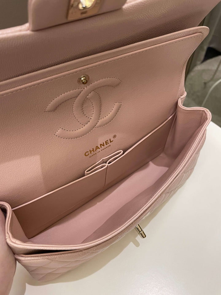 Chanel 21C Classic Quilted Medium Double Flap Rose Claire Beige Caviar
