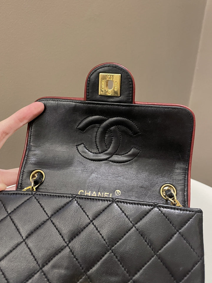 Chanel Vintage Classic Bi Tone Quilted Mini Square Black/ Red Lambskin