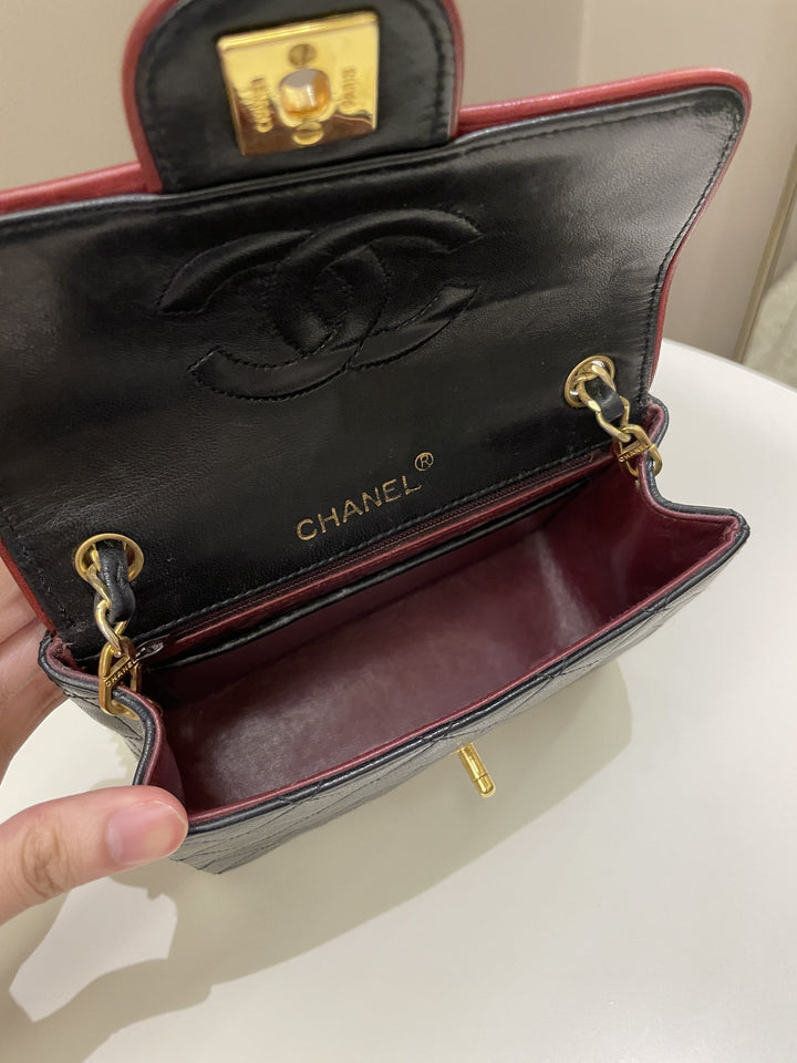 Chanel Vintage Classic Bi Tone Quilted Mini Square Black/ Red Lambskin