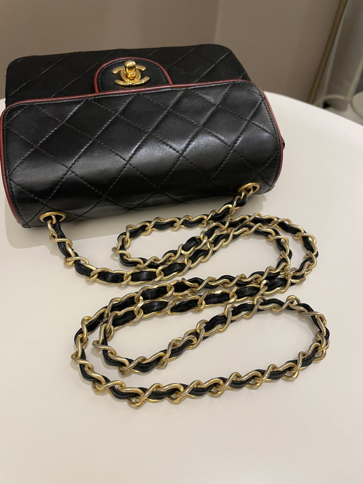Chanel Vintage Classic Bi Tone Quilted Mini Square Black/ Red Lambskin