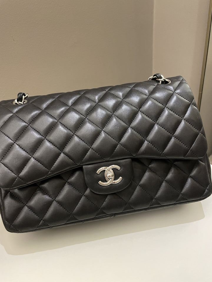 Chanel Classic Quilted Jumbo Double Flap Black Lambskin