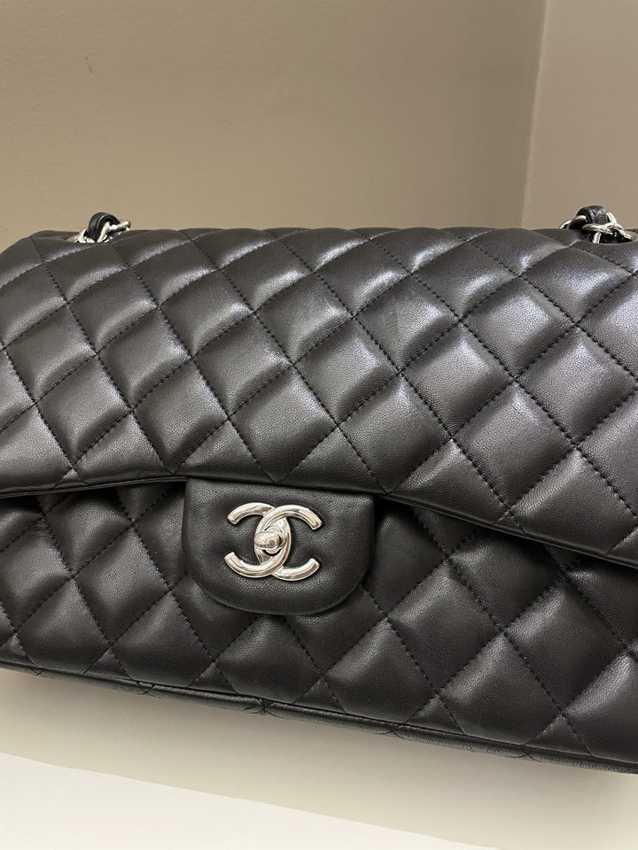 Chanel Classic Quilted Jumbo Double Flap Black Lambskin