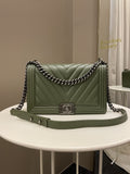 Chanel Chevron Boy New Medium Olive Green Calfskin