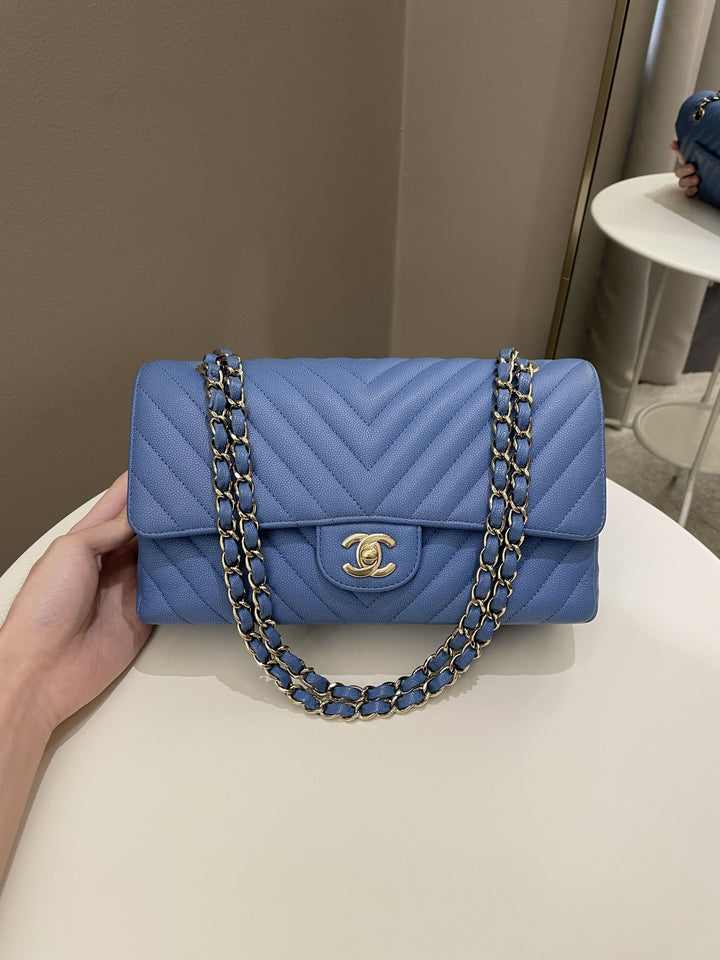 Chanel Classic Chevron Medium Double Flap Paradise Blue Caviar