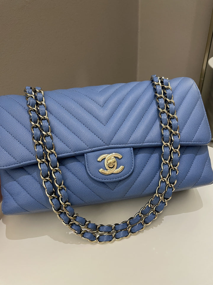 Chanel Classic Chevron Medium Double Flap Paradise Blue Caviar