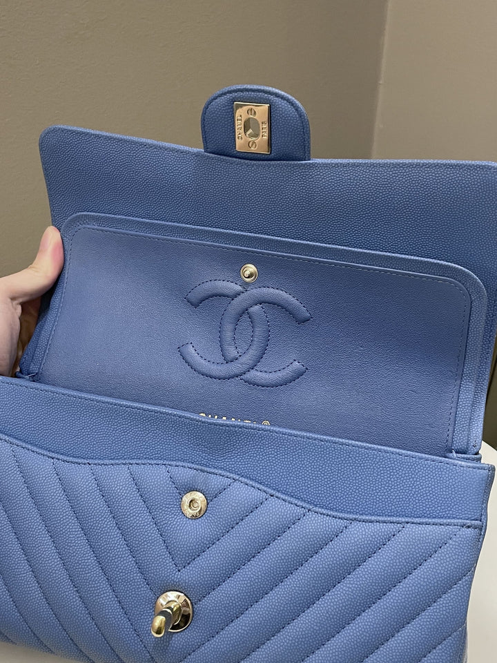 Chanel Classic Chevron Medium Double Flap Paradise Blue Caviar