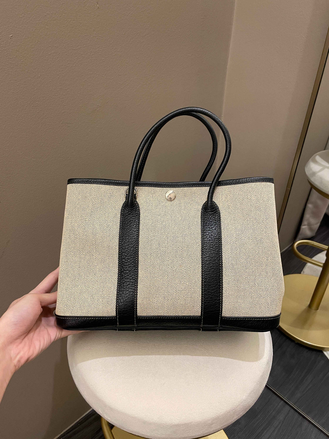 Hermes Garden Party 30 with Strap Black / Beige Canvas