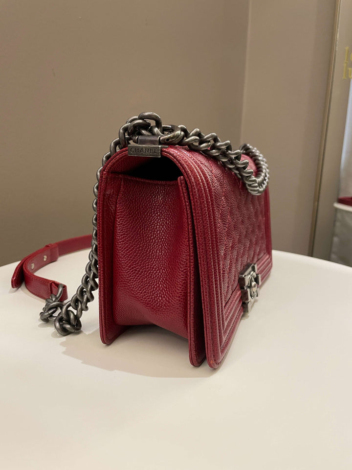 Chanel 14B Quilted Boy Old Medium Deep Red Rigid Caviar
