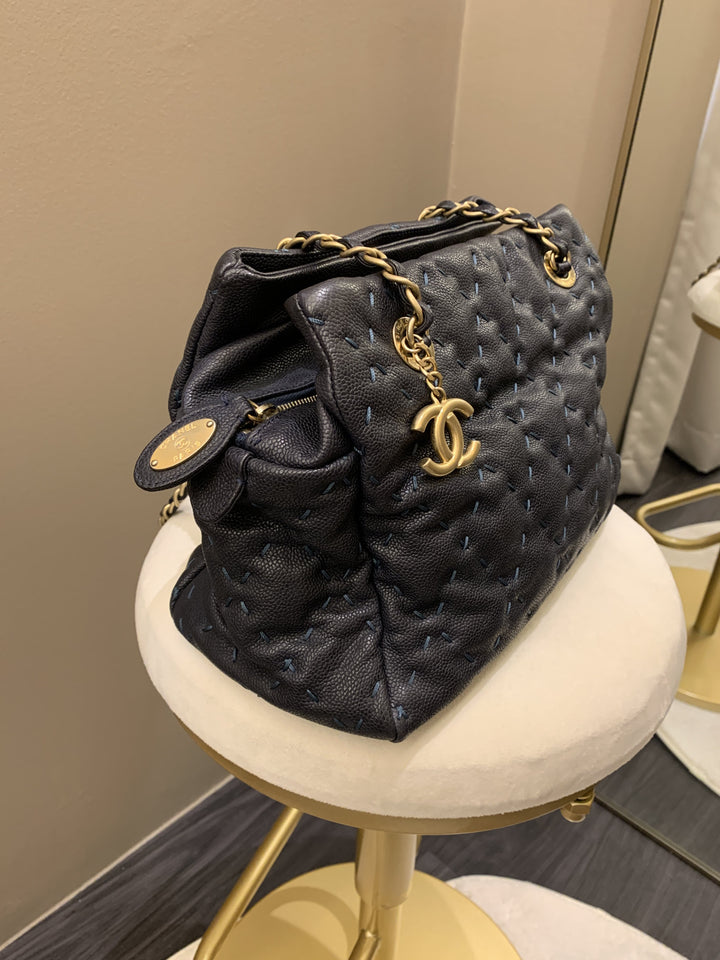 Chanel Quilted Leather Wild Stitch Shoulder Tote Dark Navy