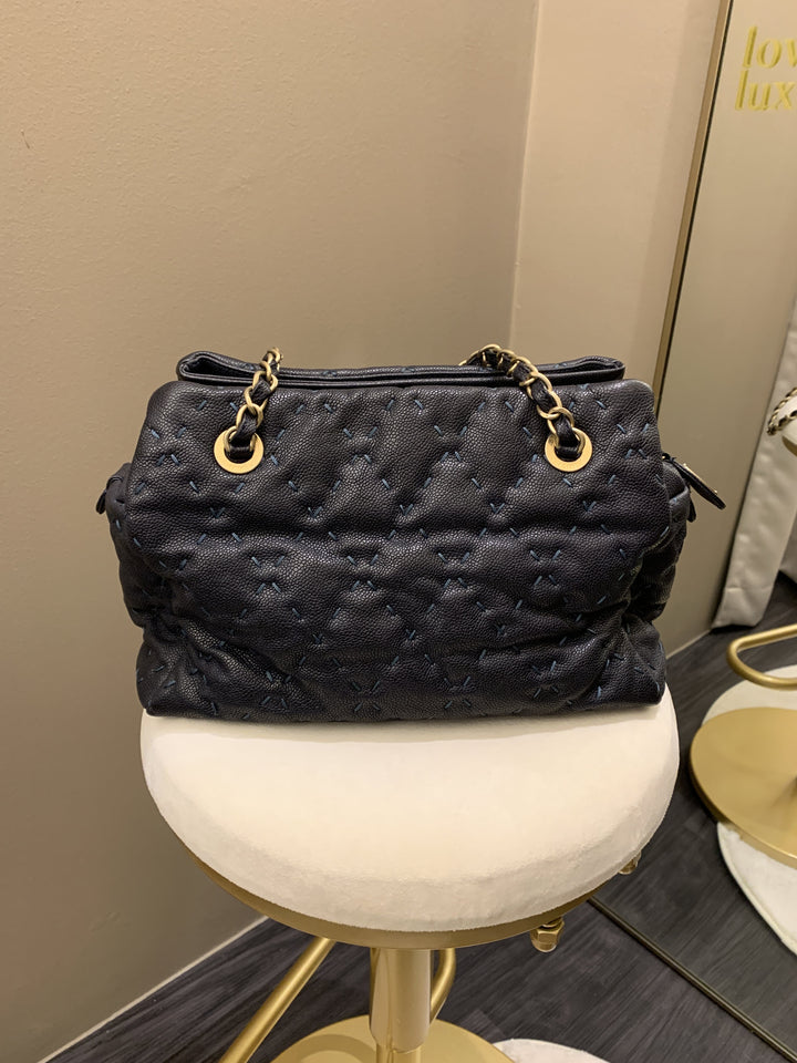 Chanel Quilted Leather Wild Stitch Shoulder Tote Dark Navy