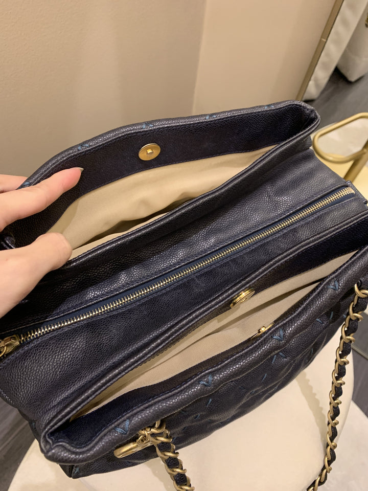 Chanel Quilted Leather Wild Stitch Shoulder Tote Dark Navy