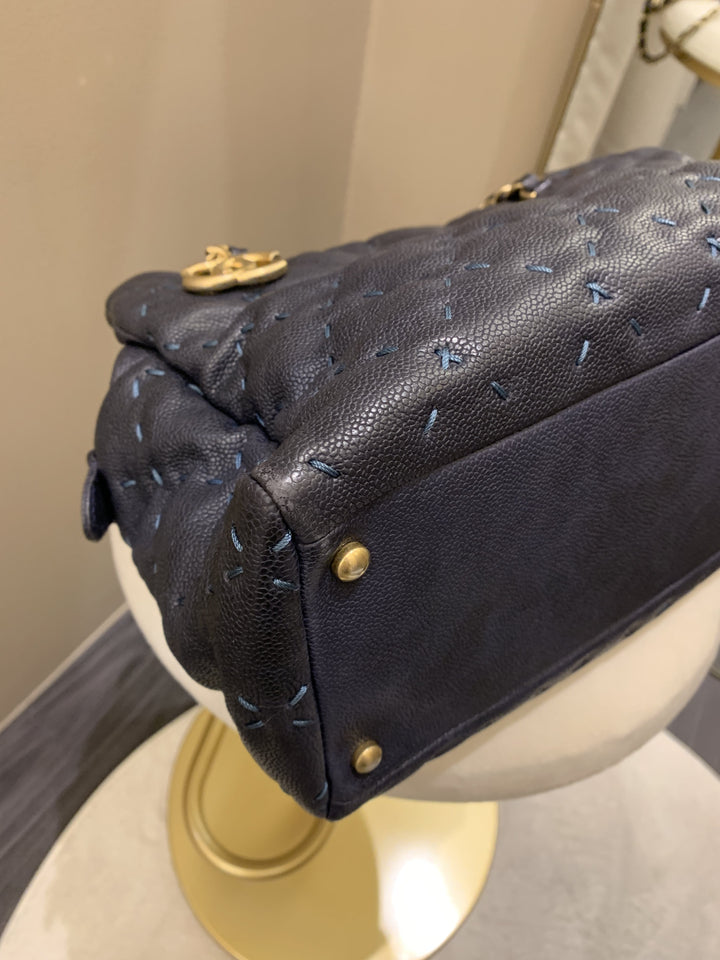 Chanel Quilted Leather Wild Stitch Shoulder Tote Dark Navy