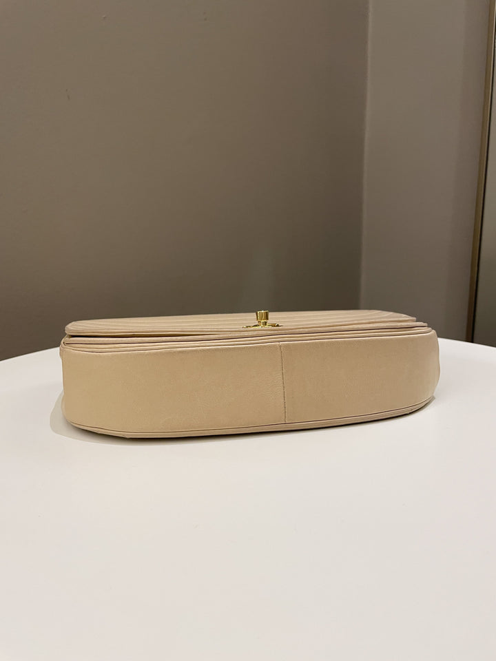 Chanel Vintage Half Moon Flap Bag Beige Lambskin