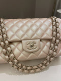 Chanel 21S Classic Quilted Medium Double Flap Iridescent Pearl Beige Calfskin