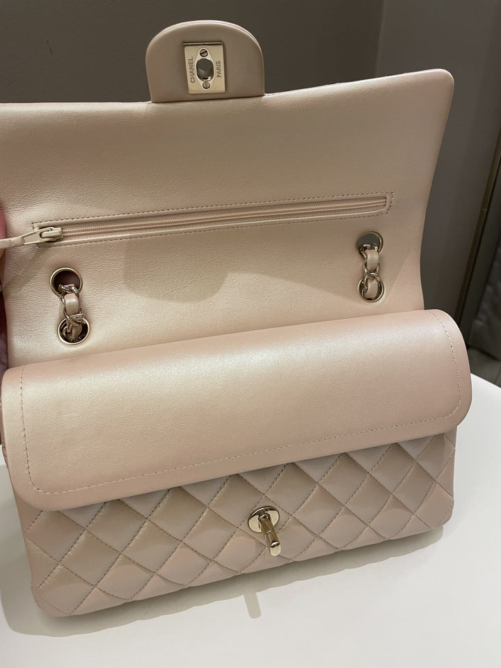 Chanel 21S Classic Quilted Medium Double Flap Iridescent Pearl Beige Calfskin