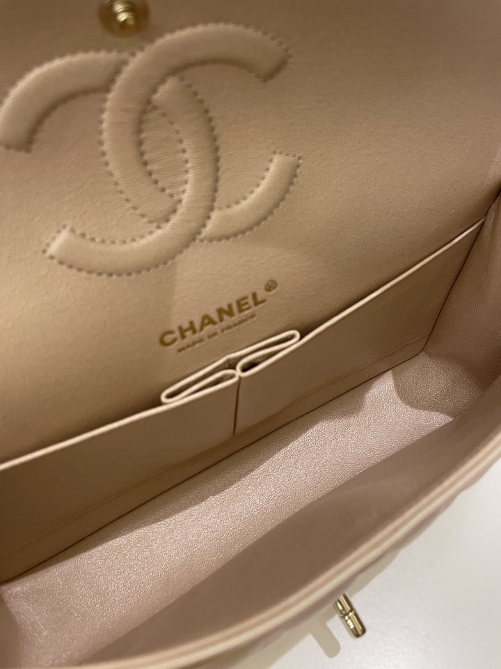 Chanel 21S Classic Quilted Medium Double Flap Iridescent Pearl Beige Calfskin