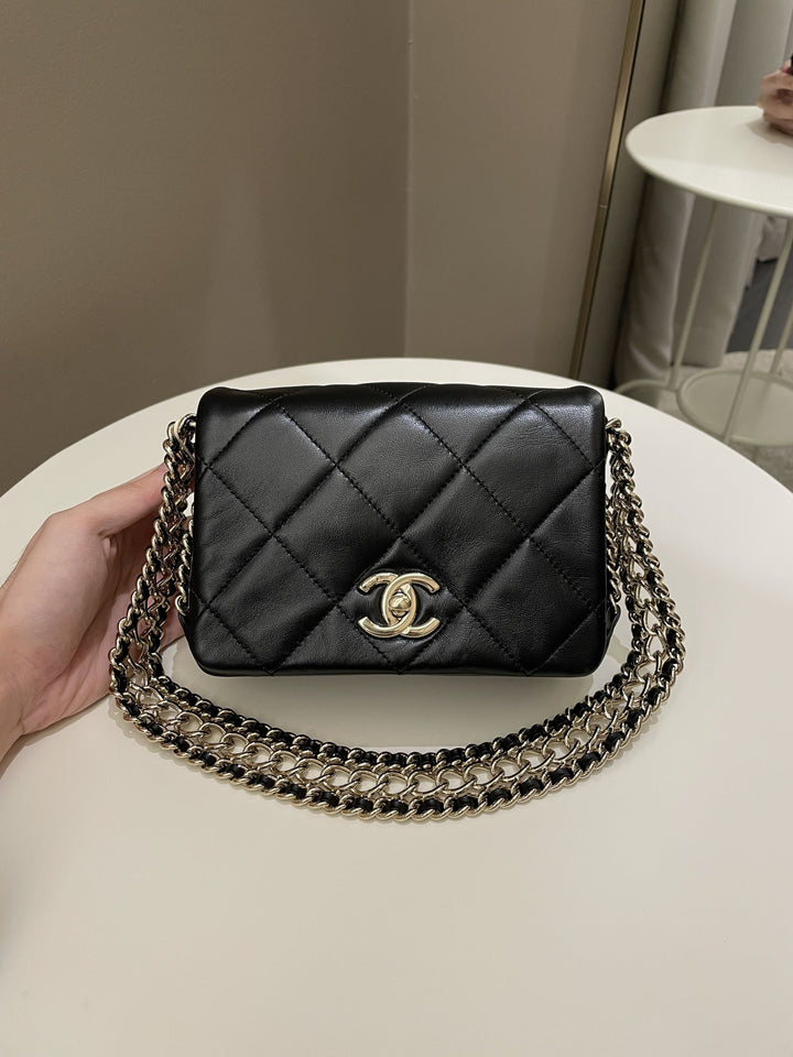 Chanel Chain Around Shoulder Flap Black Coated Lambskin