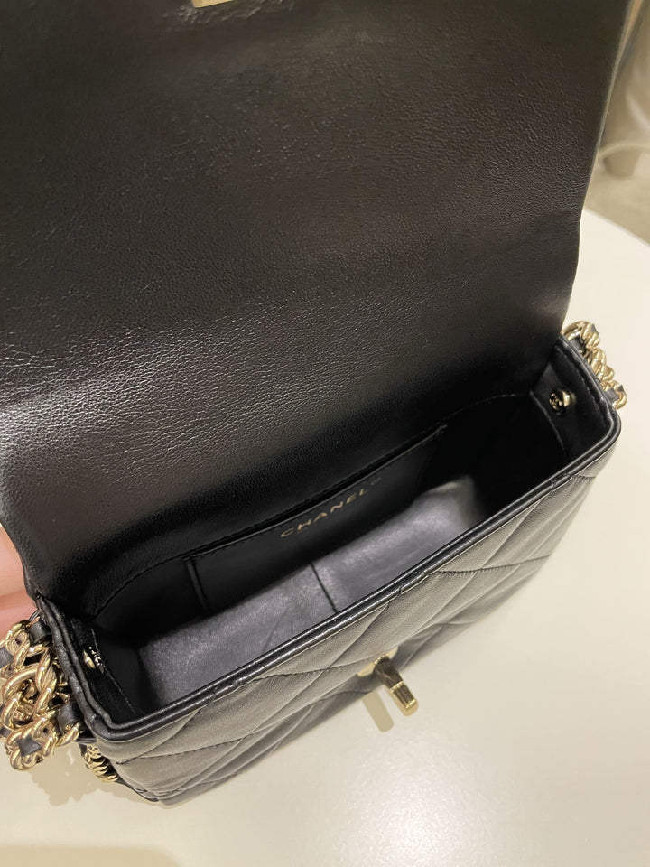Chanel Chain Around Shoulder Flap Black Coated Lambskin
