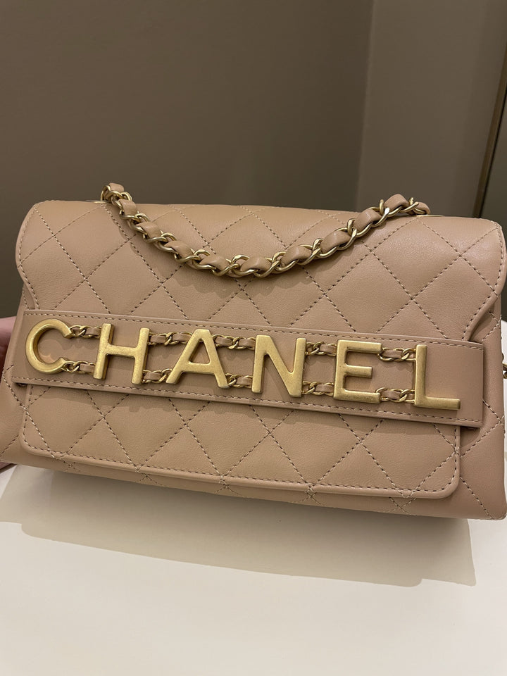 Chanel C H A N E L Lettering Flap Dark Beige Calfskin