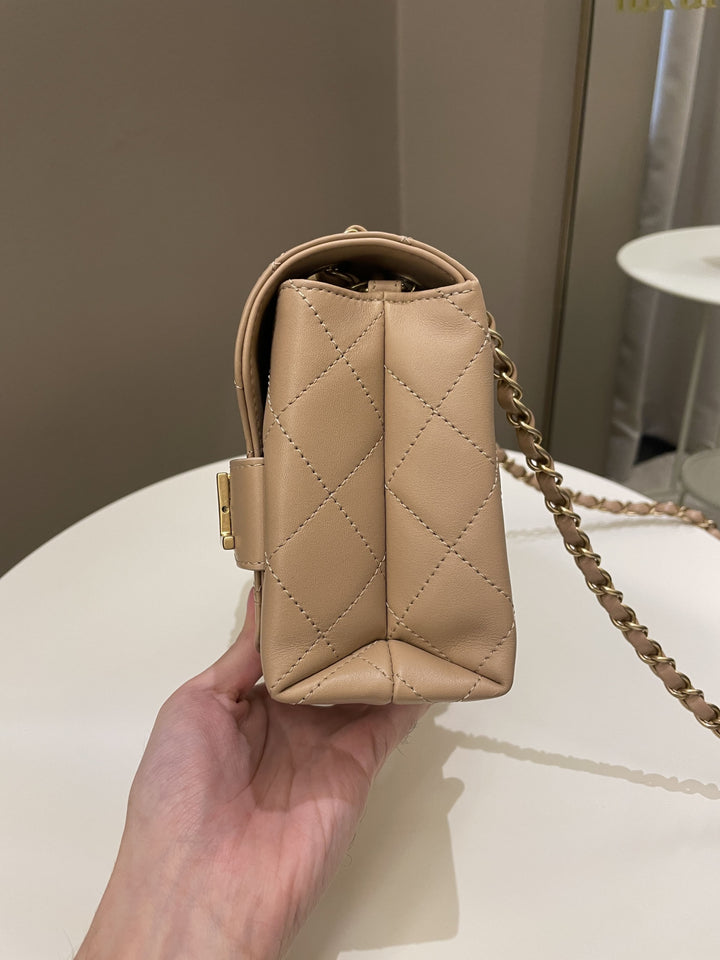 Chanel C H A N E L Lettering Flap Dark Beige Calfskin