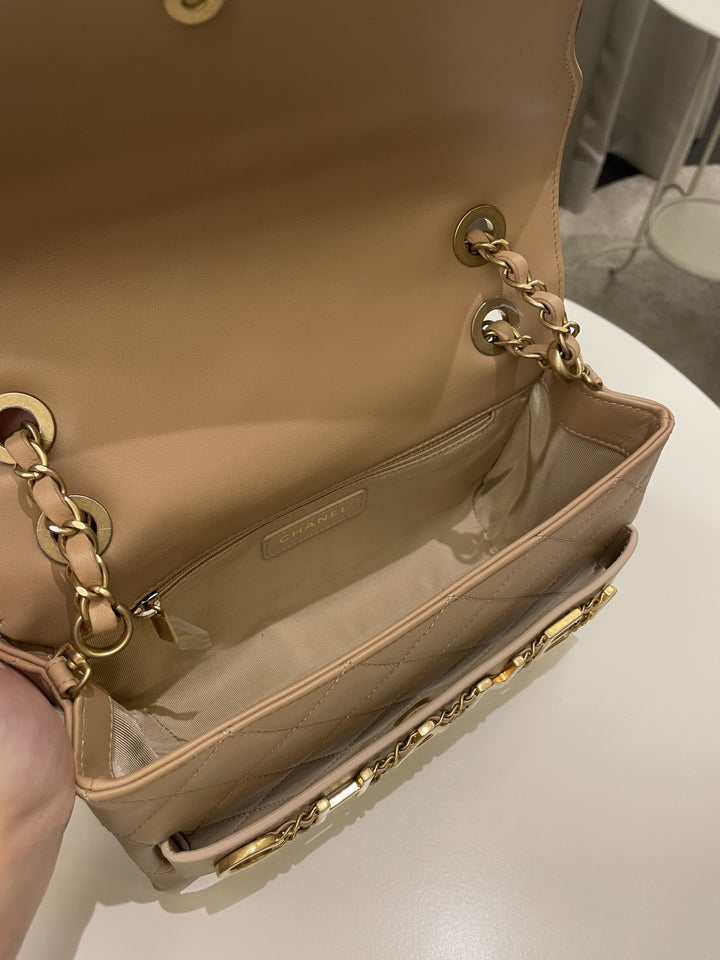 Chanel C H A N E L Lettering Flap Dark Beige Calfskin