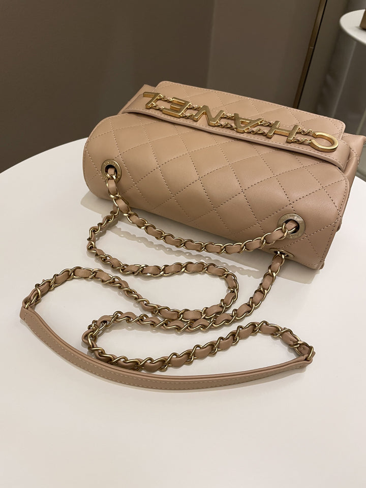 Chanel C H A N E L Lettering Flap Dark Beige Calfskin