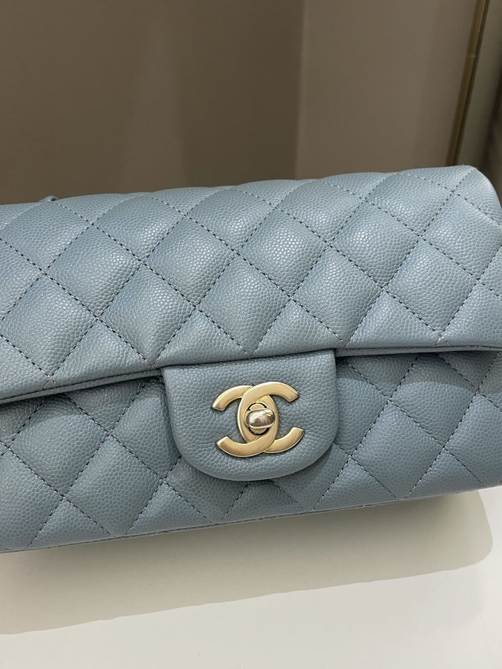 Chanel 18C Quilted Mini Rectangular Ash Blue Green Iridescent Caviar