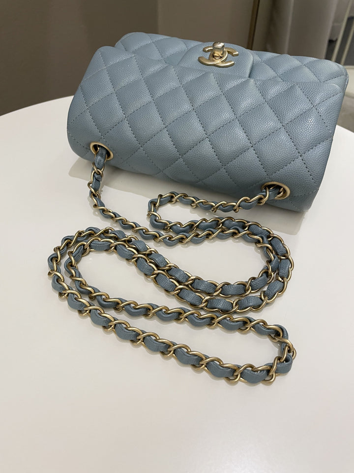 Chanel 18C Quilted Mini Rectangular Ash Blue Green Iridescent Caviar