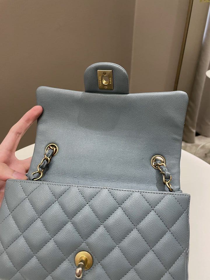 Chanel 18C Quilted Mini Rectangular Ash Blue Green Iridescent Caviar