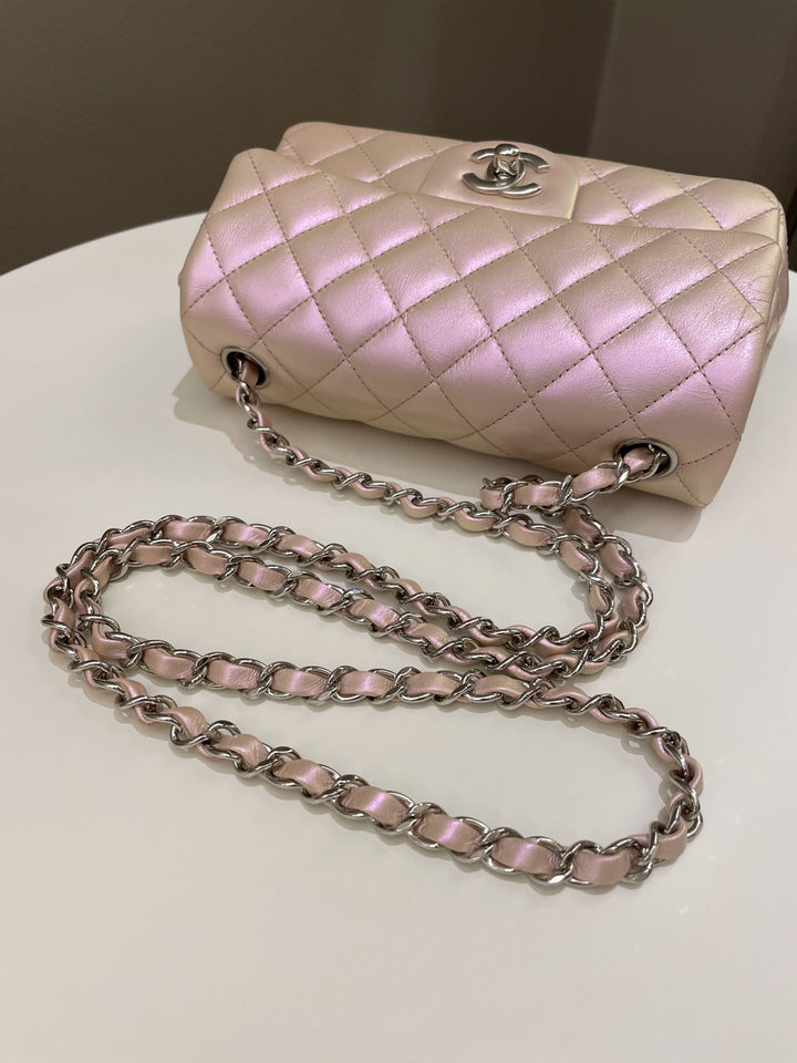 Chanel 21K Quilted Mini Rectangular Iridescent Pink Calfskin