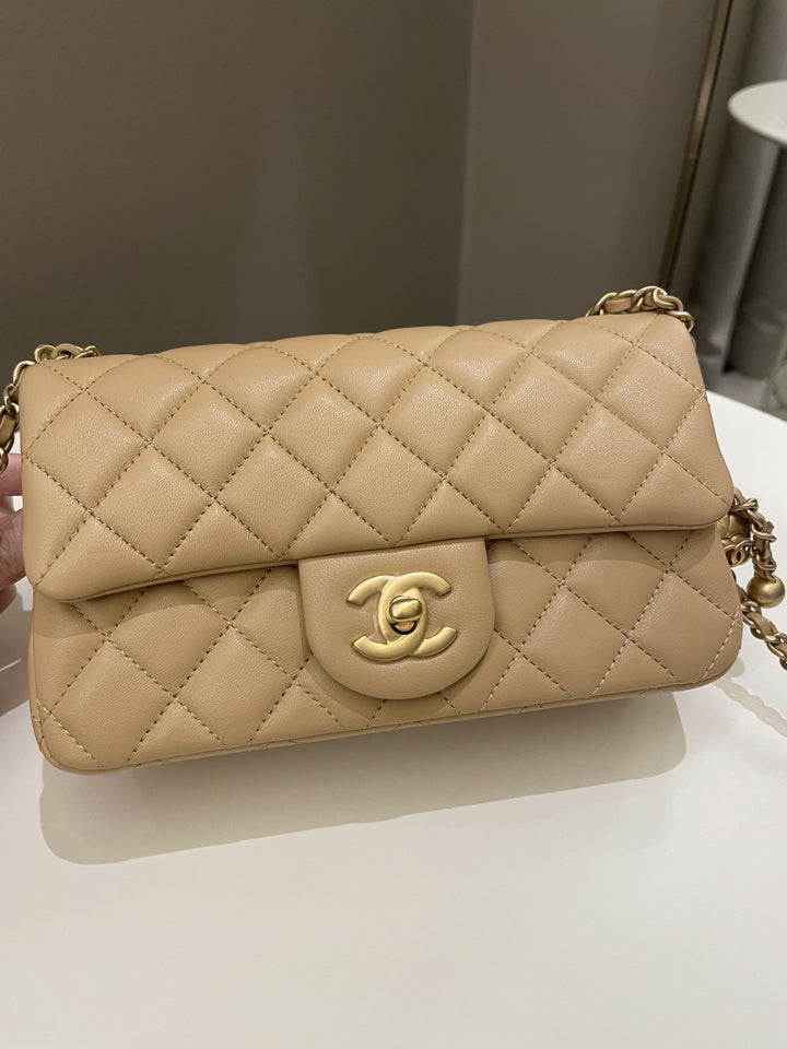 Chanel Pearl Crush Quilted Mini Rectangular Beige Lambskin
