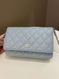 Chanel Quilted Wallet on Chain With Pearls Chain  Baby Blue Lambskin