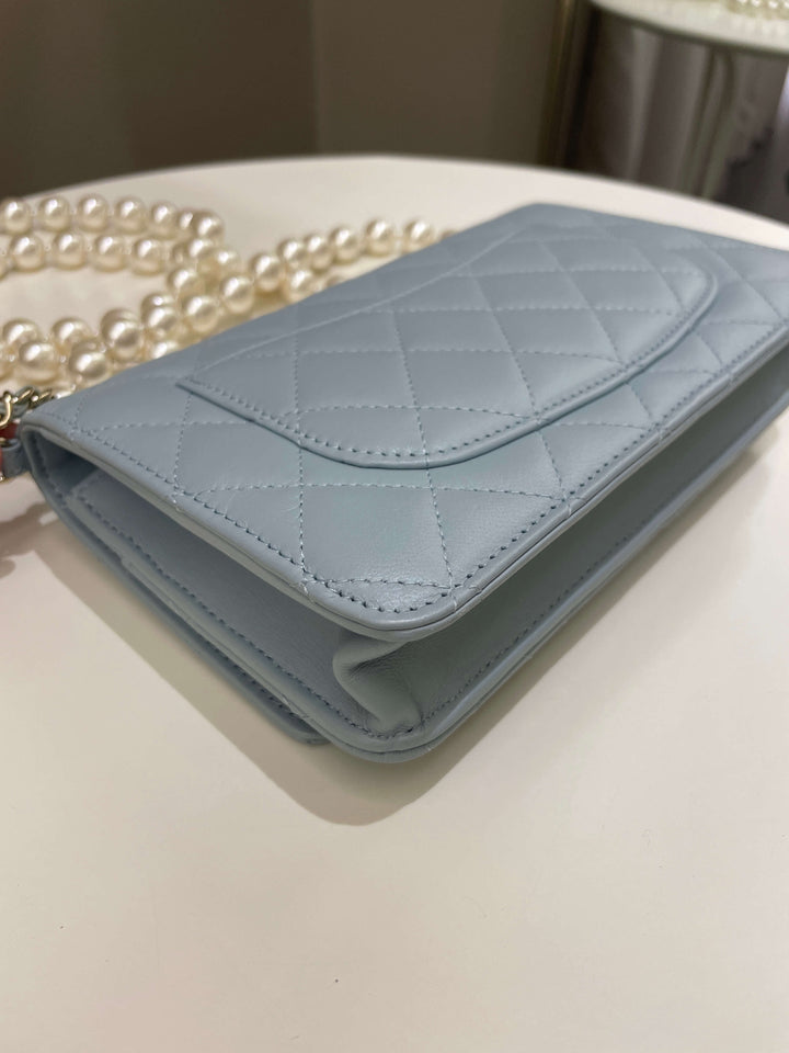 Chanel Quilted Wallet on Chain With Pearls Chain  Baby Blue Lambskin