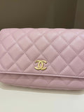 Chanel 21S Quilted Wallet On Chain With Pearl Baby Pink Lambskin
