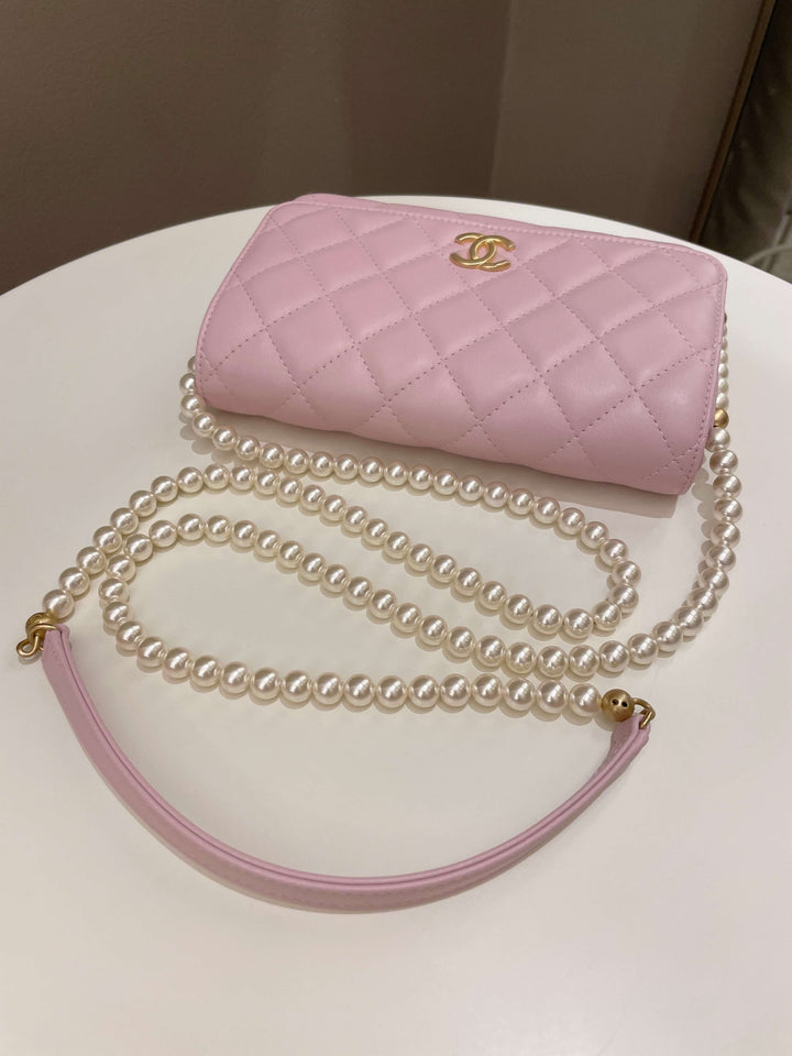Chanel 21S Quilted Wallet On Chain With Pearl Baby Pink Lambskin