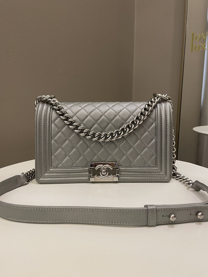 Chanel Quilted Boy Old Medium Silver Grey Caviar
